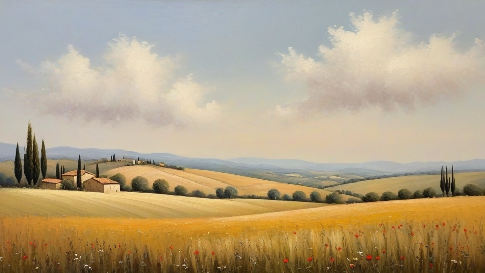 Tuscan hillside village with cypress trees in gouache style